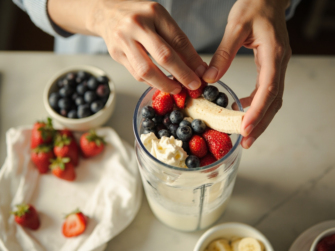 Hands adding berries, banana, cottage cheese and milk to a blender